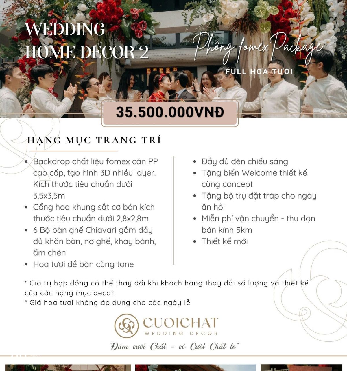 Chi tiết bảng giá dịch vụ gói Wedding Home Decor 2 phông fomex hoa tươi tại TIFF (Ảnh: Tiff.vn)