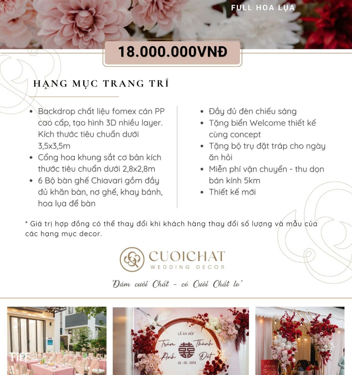 Chi tiết bảng giá dịch vụ gói Wedding Home Decor 2 phông fomex hoa lụa tại TIFF (Ảnh: Tiff.vn)