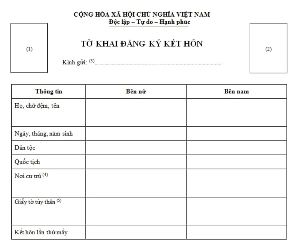 Mẫu đơn đăng ký kết hôn theo pháp luật (Ảnh: Google)