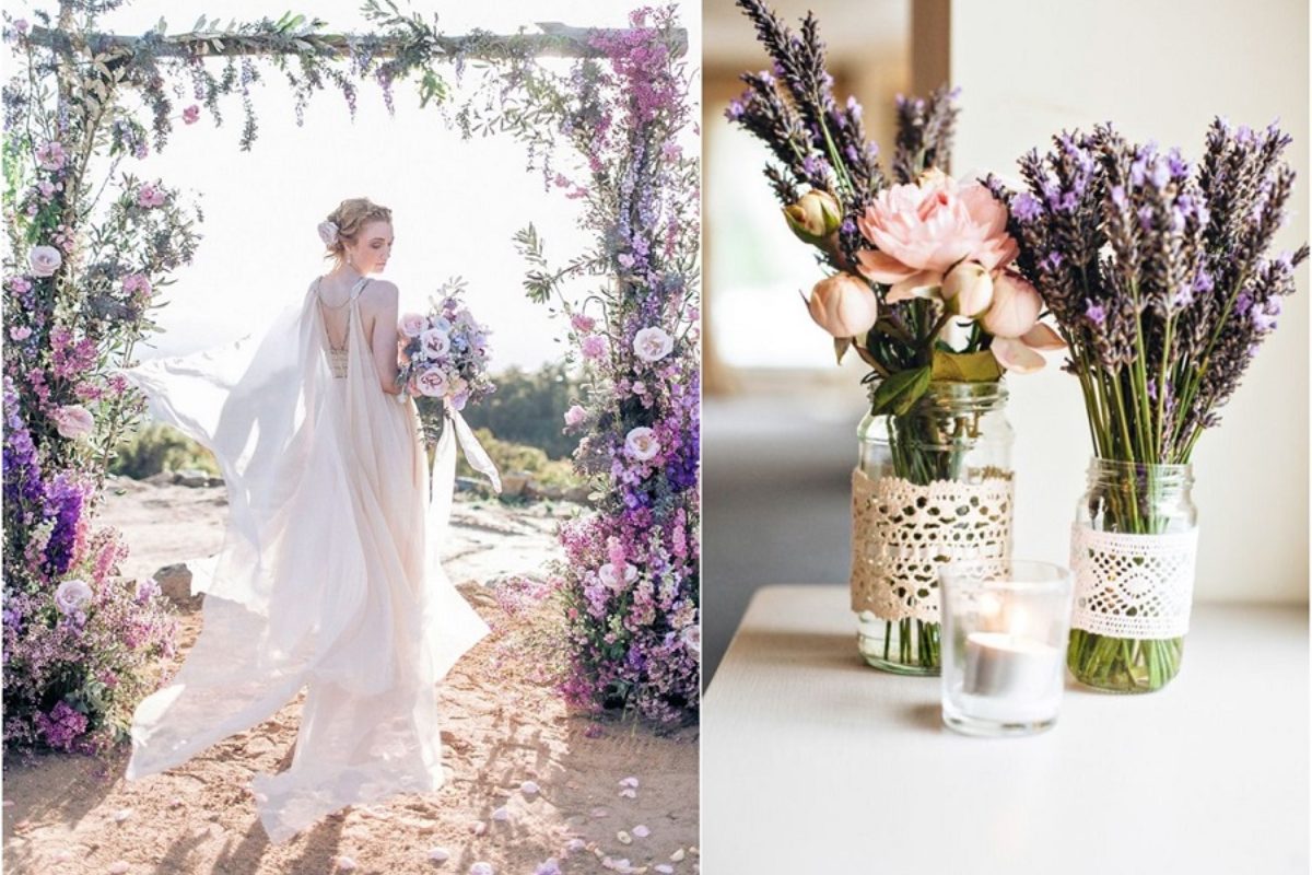 Bó hoa oải hương tím treo trên ghế cưới phong cách boho. (Ảnh: Sưu tầm)