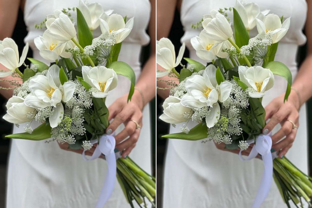 Hoa cưới pha trộn giữa hoa bất tử khô và tulip tươi, tạo điểm nhấn nghệ thuật. (Ảnh: Sưu tầm) 