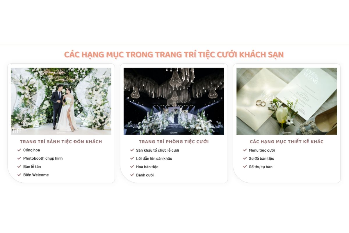 Những hạng mục minh hoạ trong trang trí đám cưới (Ảnh: Tiff.vn) 