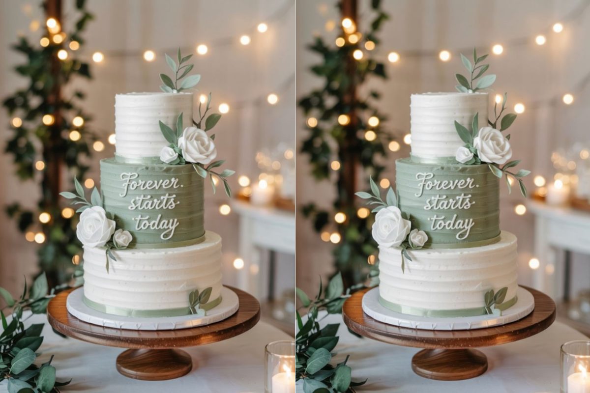 Bánh cưới nhiều tầng tone xanh lá pastel, trang trí hoa lá tinh tế (Ảnh: TIFF.vn)