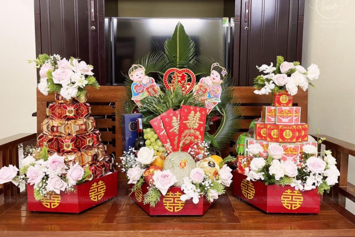 Tráp ăn hỏi truyền thống với lễ vật cơ bản của phong tục Việt. (Ảnh: Sưu tầm)