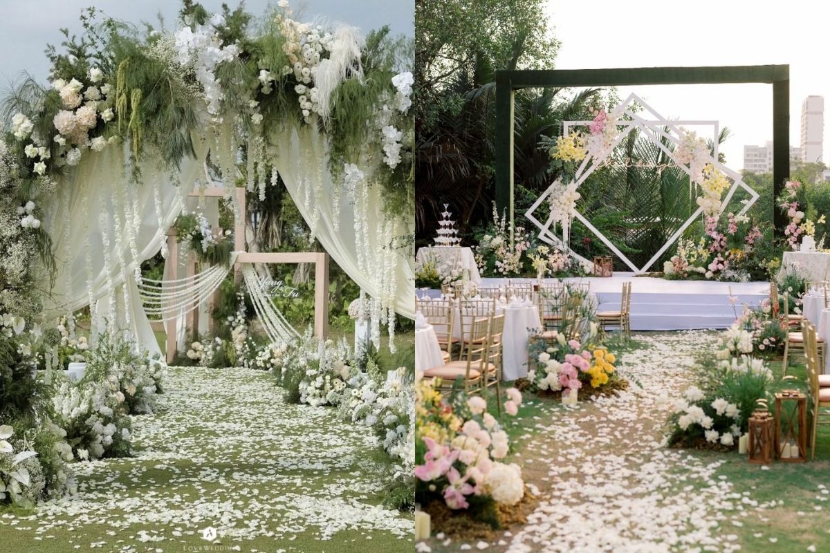 Lối đi phủ cánh hoa trong trang trí Destination Wedding (Ảnh: sưu tầm)
