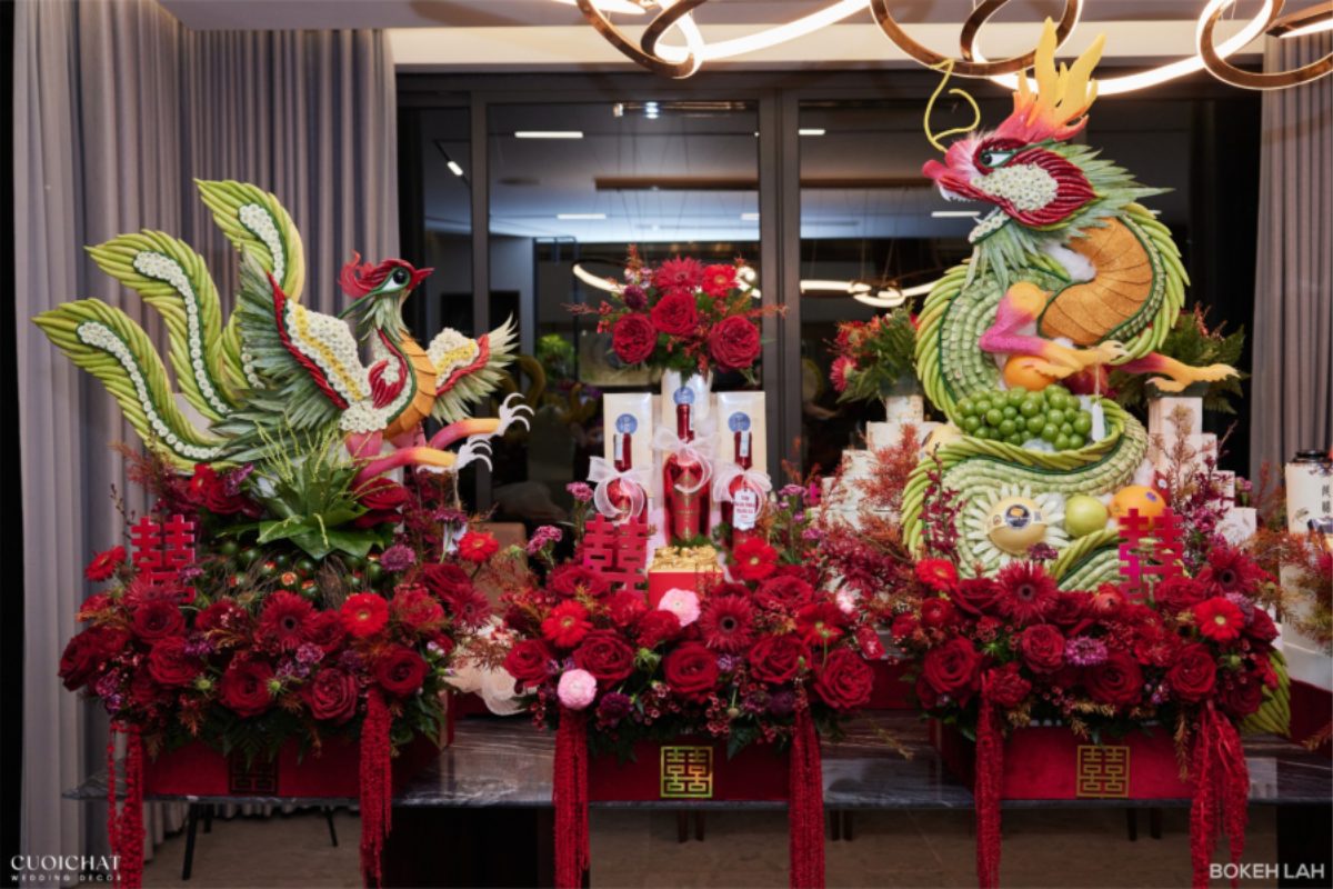 Bộ tráp ăn hỏi đồng bộ, trang trí tinh tế, chuẩn bị sẵn sàng cho lễ ăn hỏi (Ảnh: TIFF.vn)