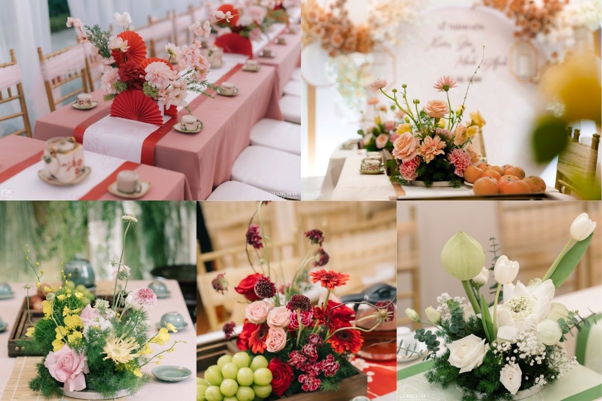 Bàn ghế & Hoa bàn tiệc tại tiệc cưới tư gia của cặp đôi do TIFF thi công trang trí (Ảnh: TIFF.vn)