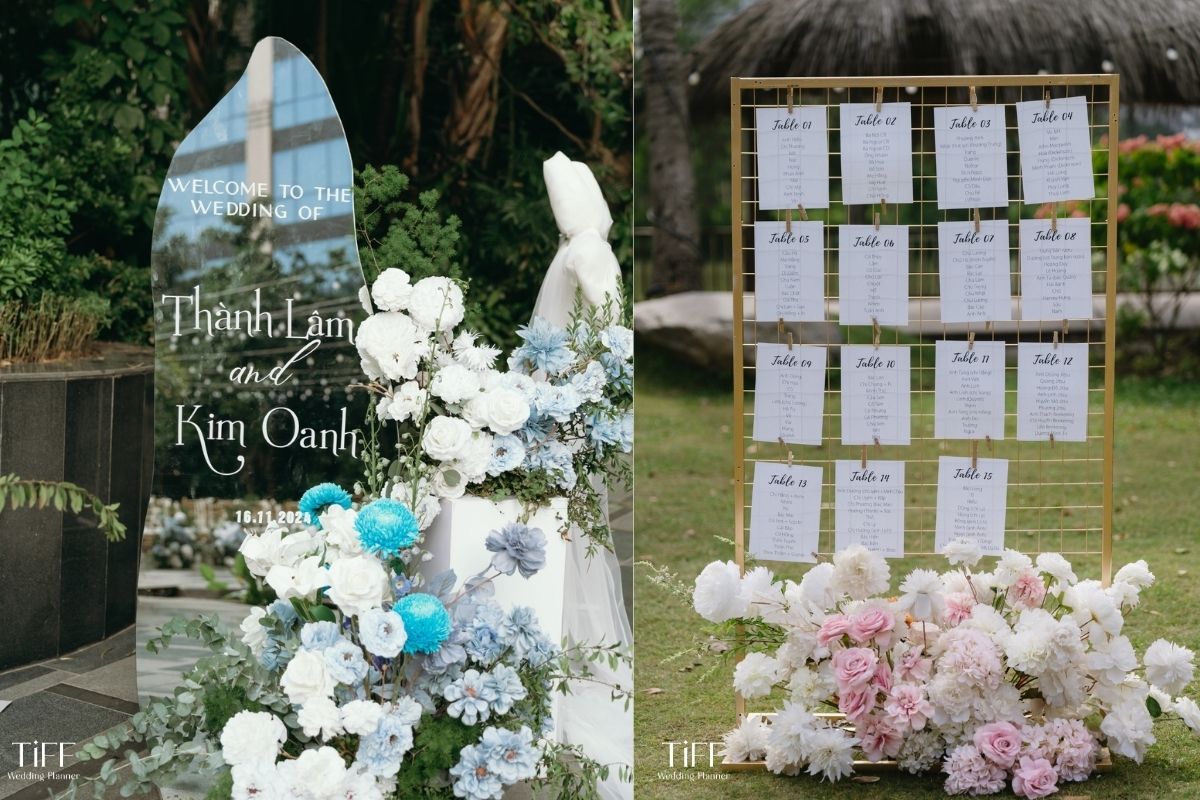 Bảng wellcome & Seating chart trang trí trong tiệc cưới ngoài trời (ẢNH: TIFF.vn)