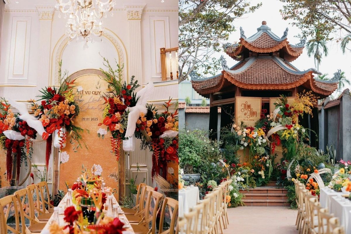 Backdrop được trang trí với hoa thiên điểu theo phong cách Indochine. (Ảnh: sưu tầm)