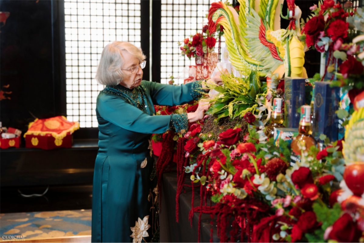 Bộ tráp ăn hỏi được sắp xếp gọn gàng, đẹp mắt, thể hiện rõ giá trị từng tráp (Ảnh: TIFF.vn)