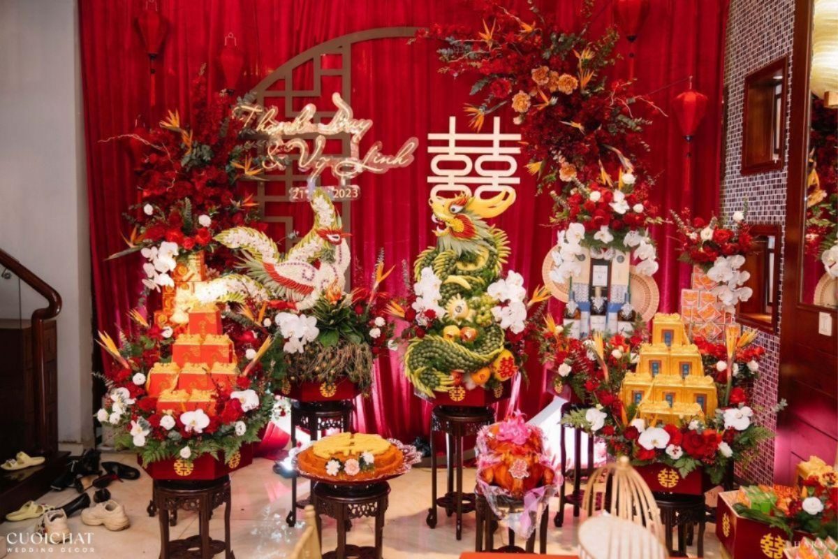 Mâm quả cưới truyền thống miền Nam mang ý nghĩa viên mãn đoàn viên trong ngày cưới. (Ảnh: TIFF.vn)