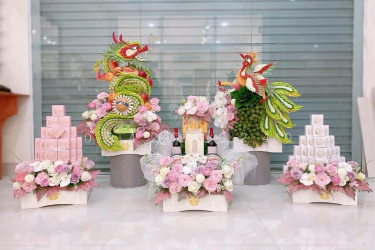 Tráp ăn hỏi màu hồng pastel phong cách trẻ trung được các cặp đôi yêu thích. (Ảnh: Sưu tầm) 