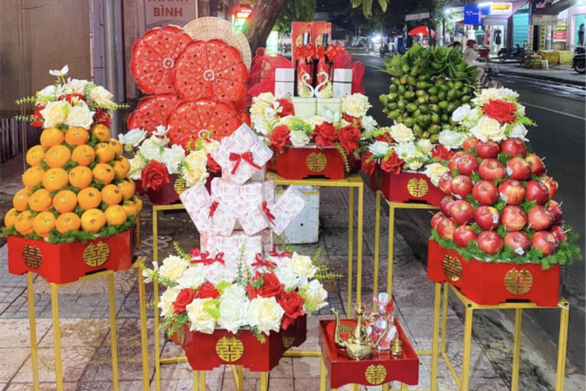 Mẫu 6 mâm quả cưới miền Tây thể hiện sự đầy đủ và trọn vẹn trong ngày cưới. (Ảnh: Sưu tầm) 