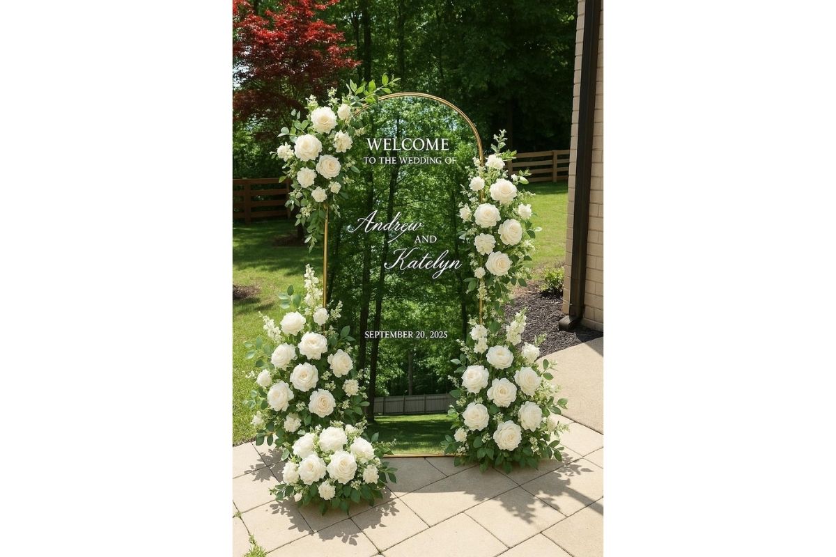 Bảng welcome rustic nổi bật trong tiệc cưới sân vườn ngoài trời (Ảnh: Sưu tầm)