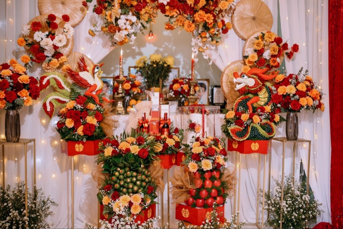 Mâm quả ngày cưới mang ý nghĩa may mắn và đủ đầy (Ảnh: Sưu tầm)