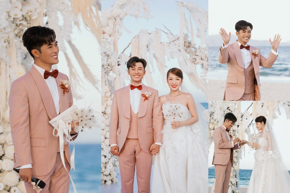 Diễn viên Gin Tuấn Kiệt lựa chọn phá cách trang phục suit hồng phù hợp không gian tiệc cưới ngoài trời (Ảnh: Kim Bespoke)