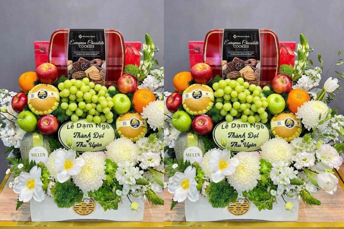 Tráp dạm ngõ đẹp theo tone màu hiện đại, được phối màu nhẹ nhàng và trang nhã trên một tráp duy nhất (Ảnh: Sưu tầm) 