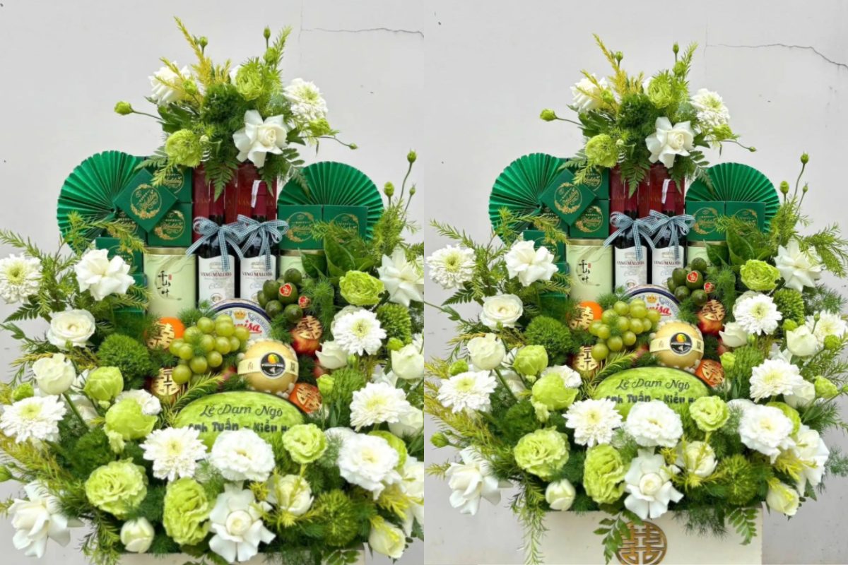 Tráp dạm ngõ đẹp cao cấp với mâm đồng và hoa tươi sang trọng, được thiết kế tinh tế trên một tráp duy nhất (Ảnh: Sưu tầm) 