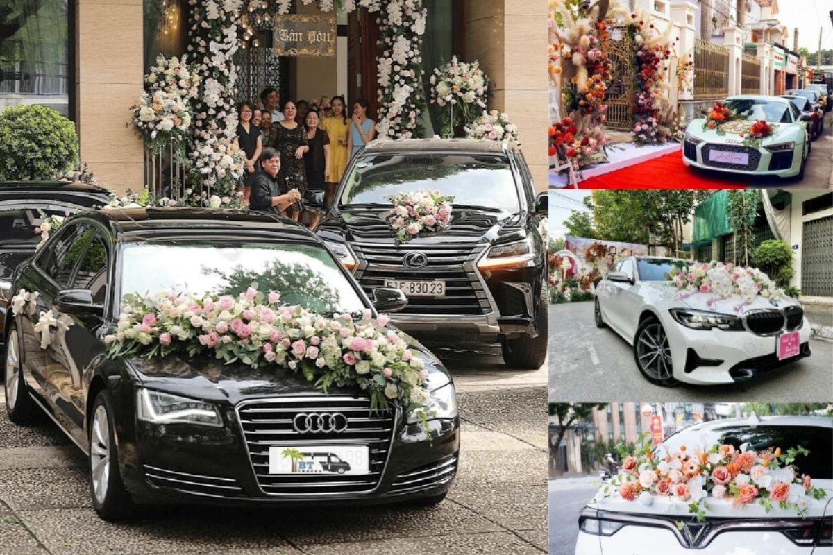 Xe hoa rước dâu sang trọng, đồng bộ với không gian tiệc cưới. (Ảnh: Sưu tầm) 