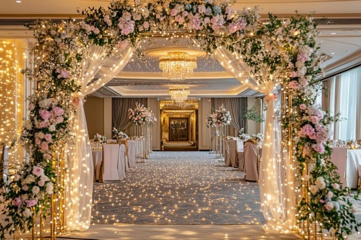 Cổng hoa chữ nhật pastel ngọt ngào cho lối vào tiệc cưới ấm cúng (Ảnh: Sưu tầm)