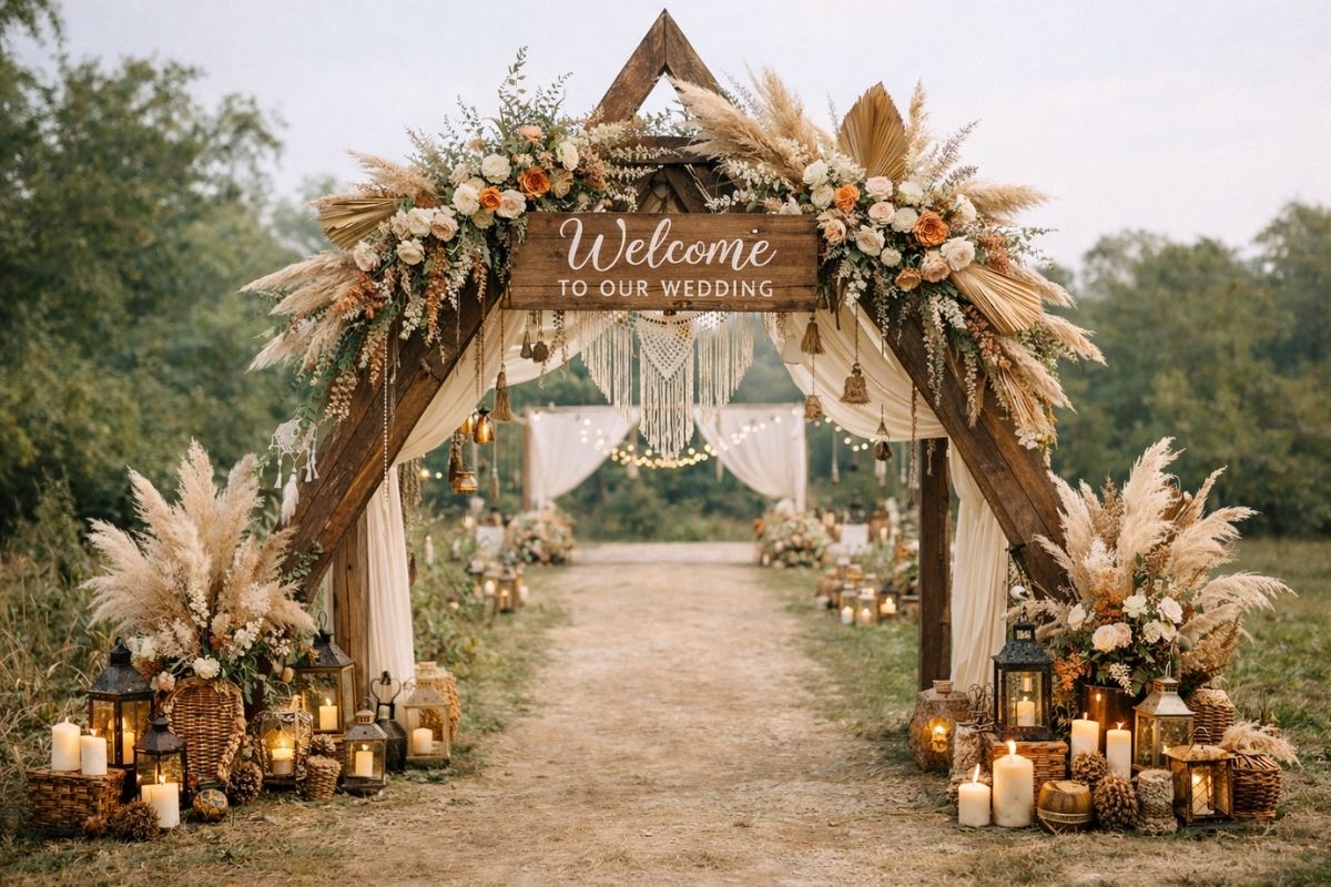 Cổng hoa tam giác bohemian phóng khoáng tự do cực hợp cặp đôi gu boho chic (Ảnh: Sưu tầm)